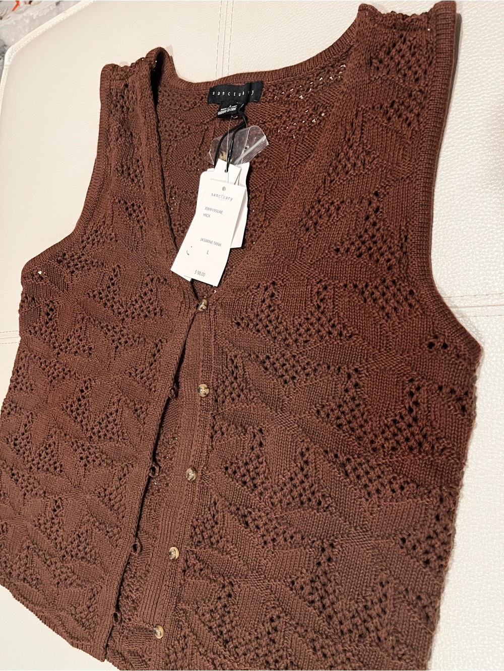 Sanctuary Brown Crochet Knit Button-Front Vest